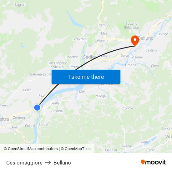 Cesiomaggiore to Belluno map