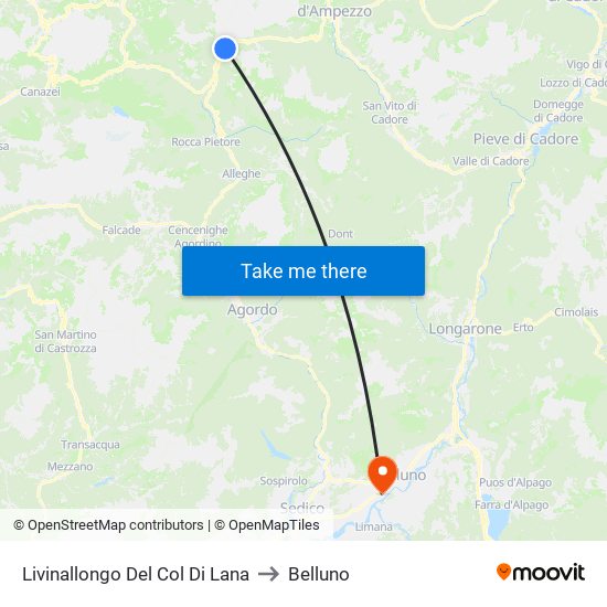 Livinallongo Del Col Di Lana to Belluno map