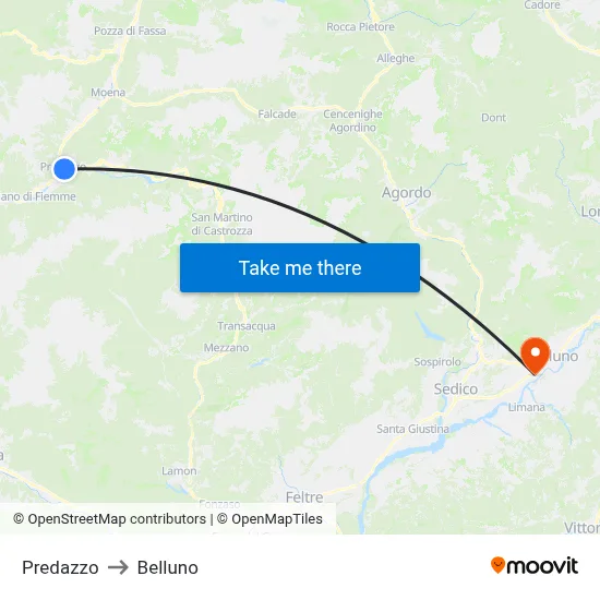 Predazzo to Belluno map