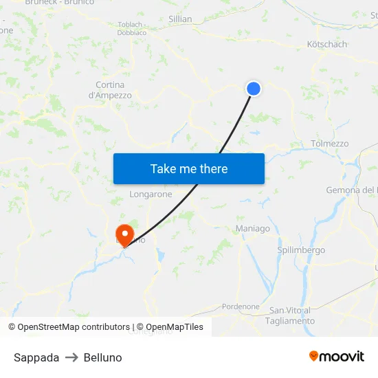 Sappada to Belluno map