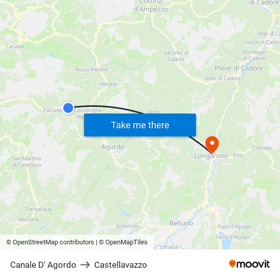 Canale D' Agordo to Castellavazzo map