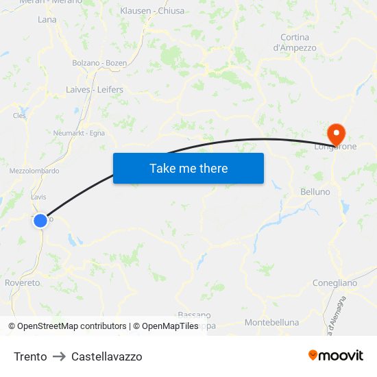 Trento to Castellavazzo map