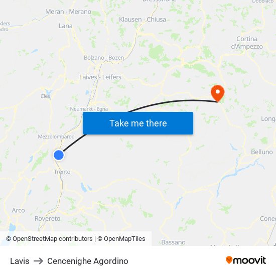 Lavis to Cencenighe Agordino map