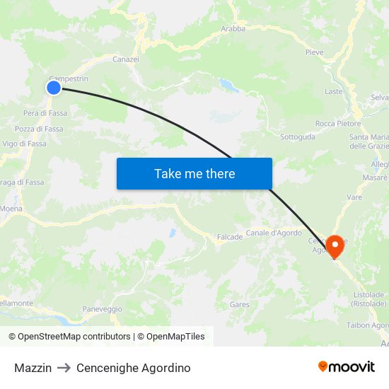 Mazzin to Cencenighe Agordino map