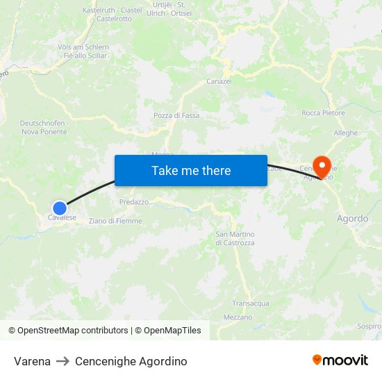 Varena to Cencenighe Agordino map