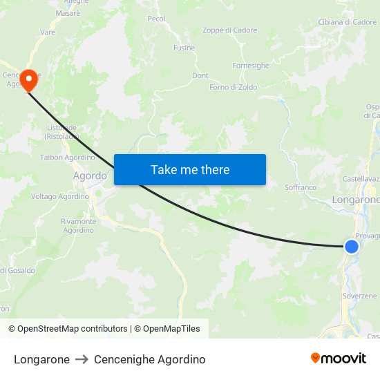 Longarone to Cencenighe Agordino map