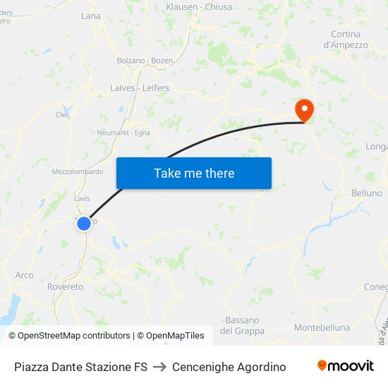 Piazza Dante Stazione FS to Cencenighe Agordino map