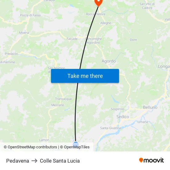 Pedavena to Colle Santa Lucia map
