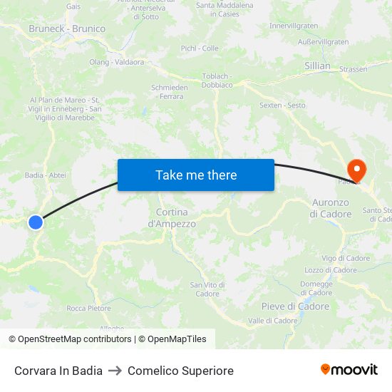 Corvara In Badia to Comelico Superiore map