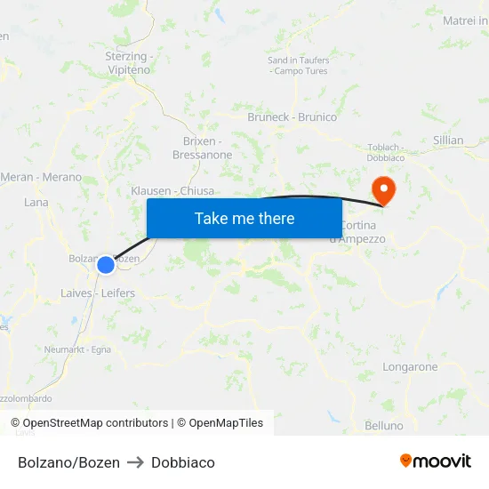 Bolzano/Bozen to Dobbiaco map