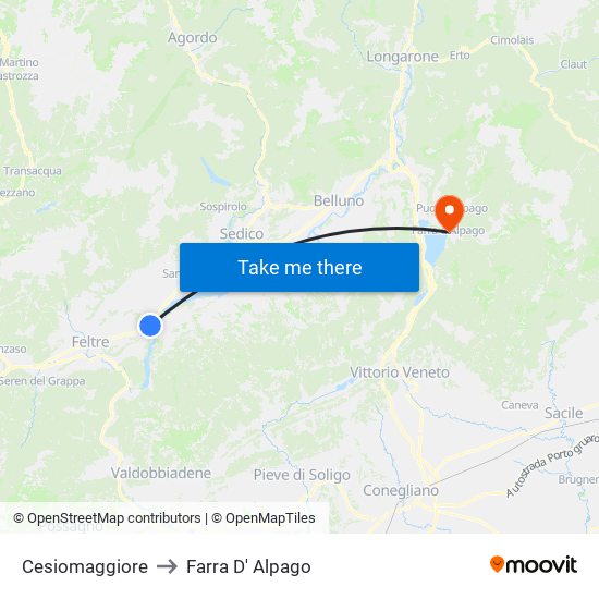 Cesiomaggiore to Farra D' Alpago map