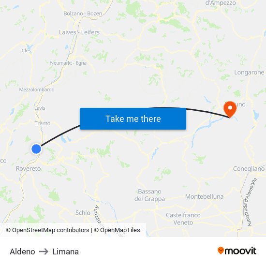 Aldeno to Limana map