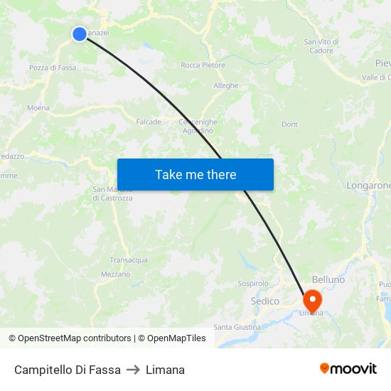 Campitello Di Fassa to Limana map