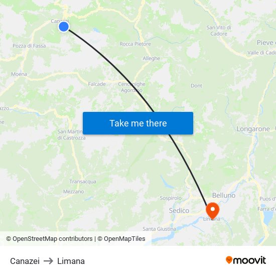 Canazei to Limana map