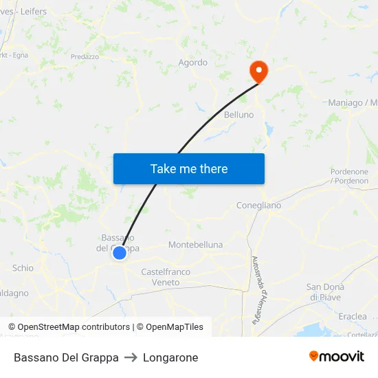 Bassano Del Grappa to Longarone map