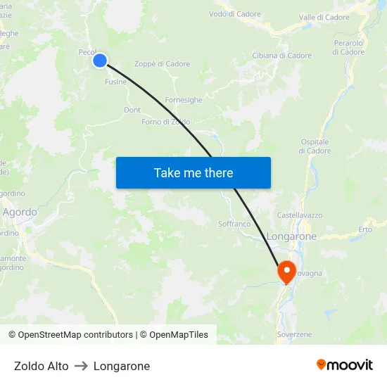 Zoldo Alto to Longarone map