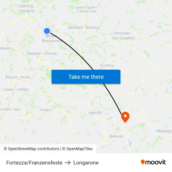 Fortezza to Longarone map