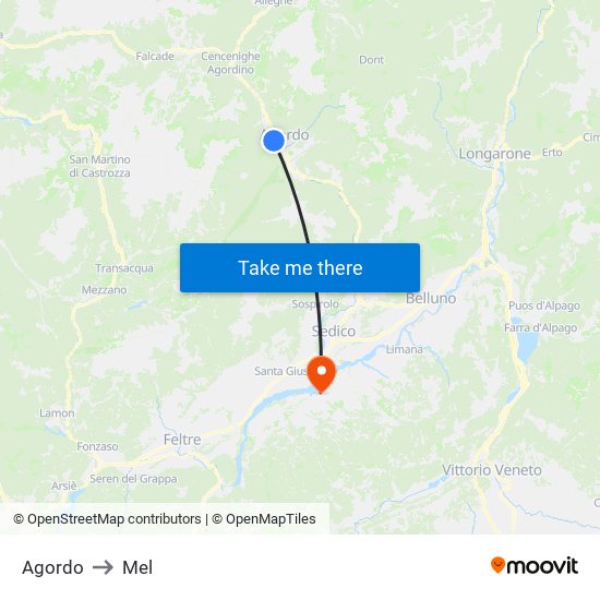 Agordo to Mel map