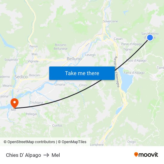 Chies D' Alpago to Mel map