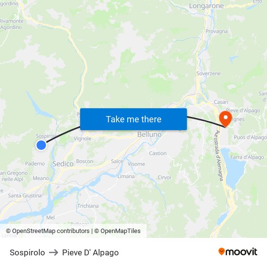 Sospirolo to Pieve D' Alpago map