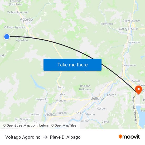 Voltago Agordino to Pieve D' Alpago map