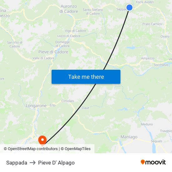 Sappada to Pieve D' Alpago map