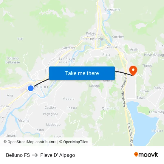 Belluno FS to Pieve D' Alpago map