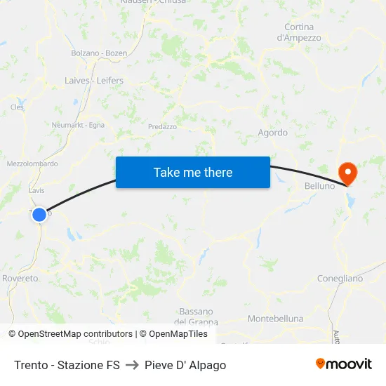 Trento - Stazione FS to Pieve d'Alpago map