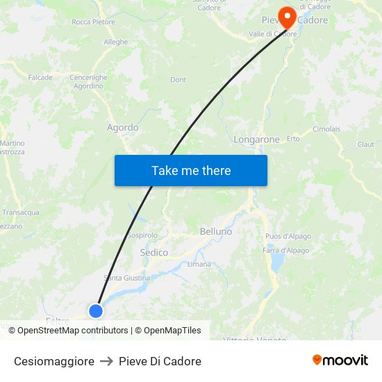 Cesiomaggiore to Pieve Di Cadore map