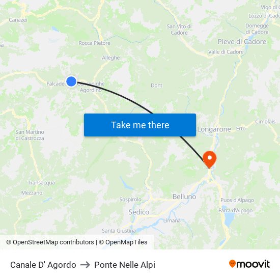 Canale D' Agordo to Ponte Nelle Alpi map