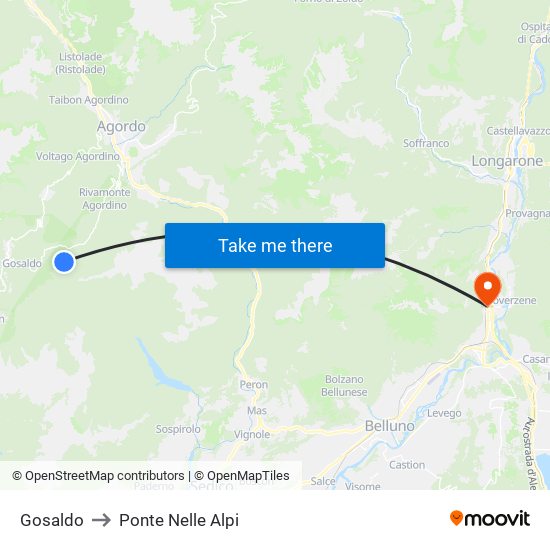 Gosaldo to Ponte Nelle Alpi map