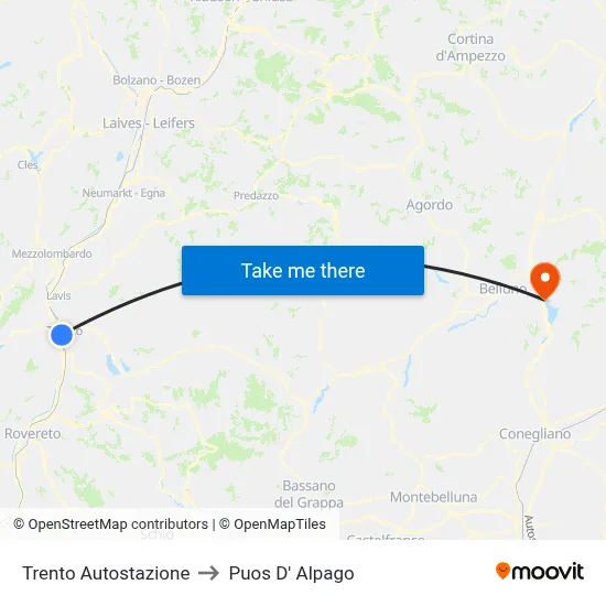 Trento Autostazione to Puos d'Alpago map