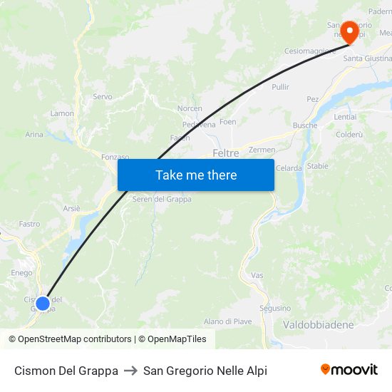 Cismon Del Grappa to San Gregorio Nelle Alpi map