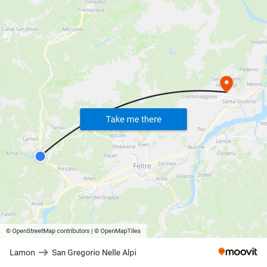 Lamon to San Gregorio Nelle Alpi map