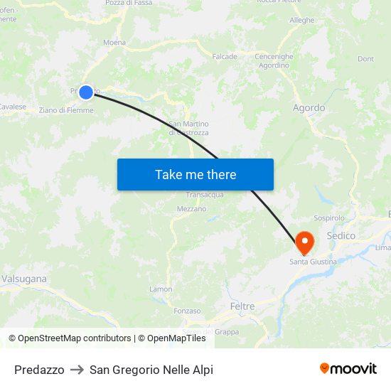 Predazzo to San Gregorio Nelle Alpi map