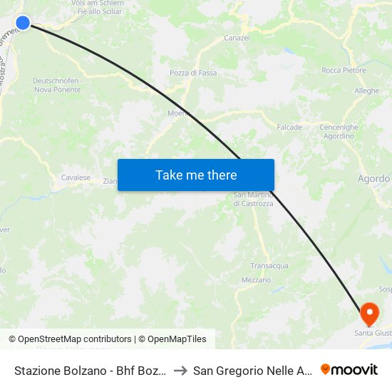 Stazione Bolzano - Bhf Bozen to San Gregorio Nelle Alpi map