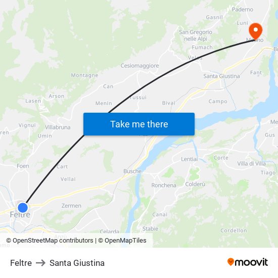 Feltre to Santa Giustina map