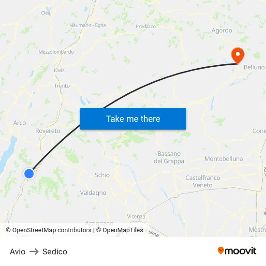 Avio to Sedico map