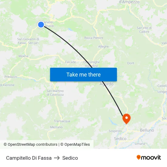 Campitello di Fassa to Sedico map