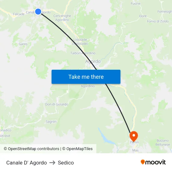 Canale di Agordo to Sedico map