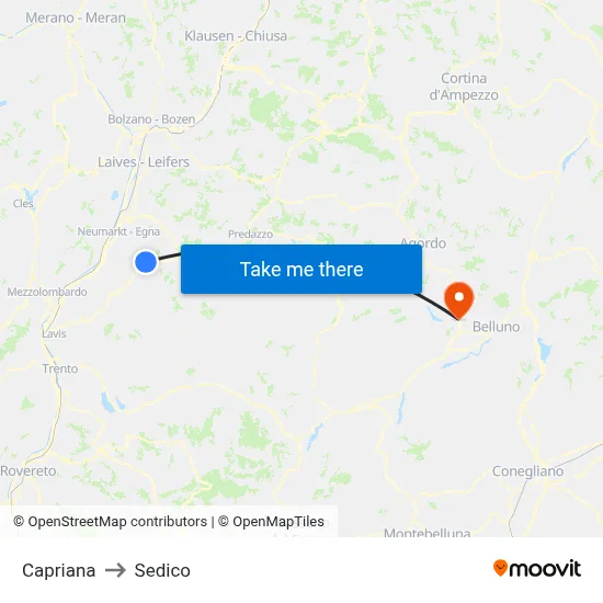 Capriana to Sedico map