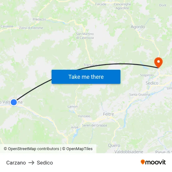 Carzano to Sedico map