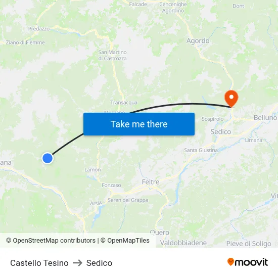 Castello Tesino to Sedico map