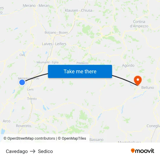 Cavedago to Sedico map