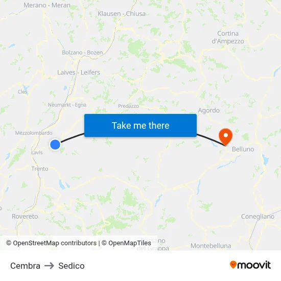 Cembra to Sedico map