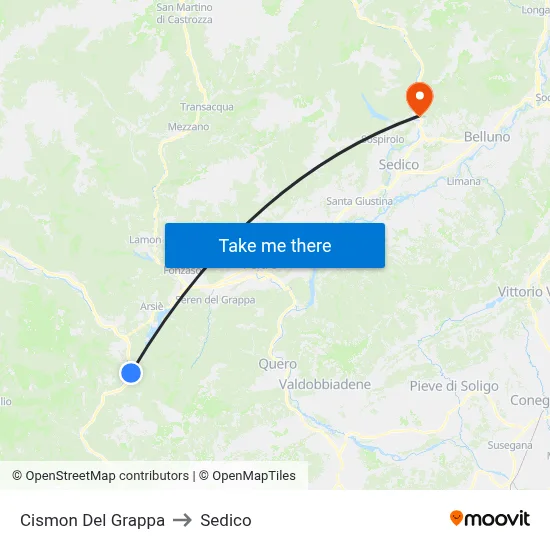 Cismon Del Grappa to Sedico map
