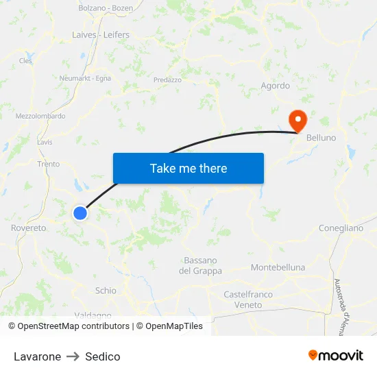 Lavarone to Sedico map