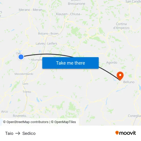 Taio to Sedico map