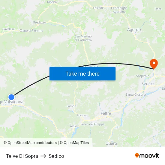 Upper Telve to Sedico map