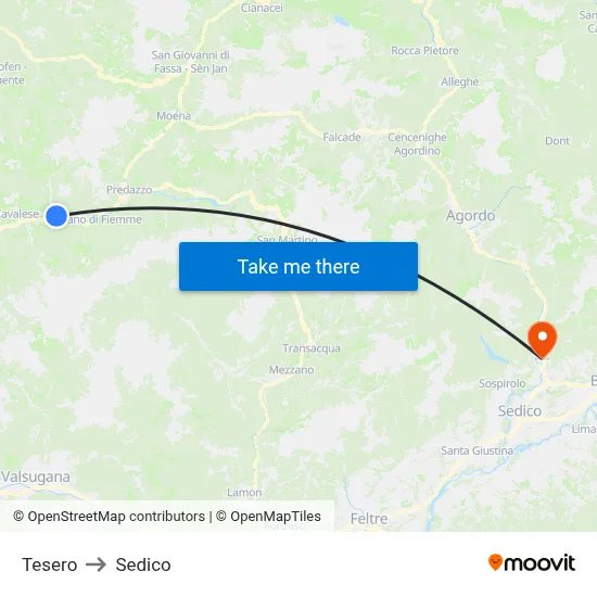 Tesero to Sedico map
